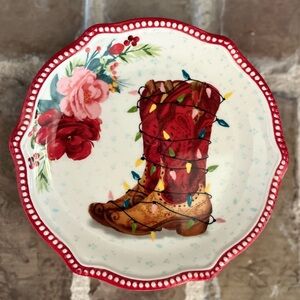 The Pioneer Woman Two 2 Christmas Cheerful Rose Cowboy Boots Dessert Plates Set2